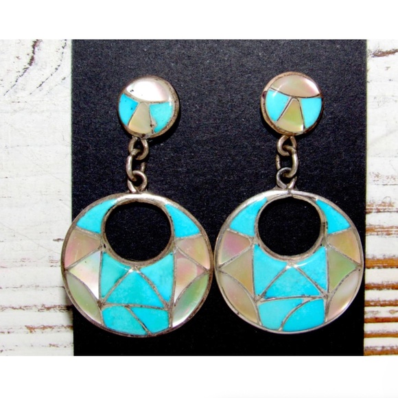 VTG Zuni Inlay Turquoise MOP Dangle Earrings Sterling Silver Edison & Laurenda B